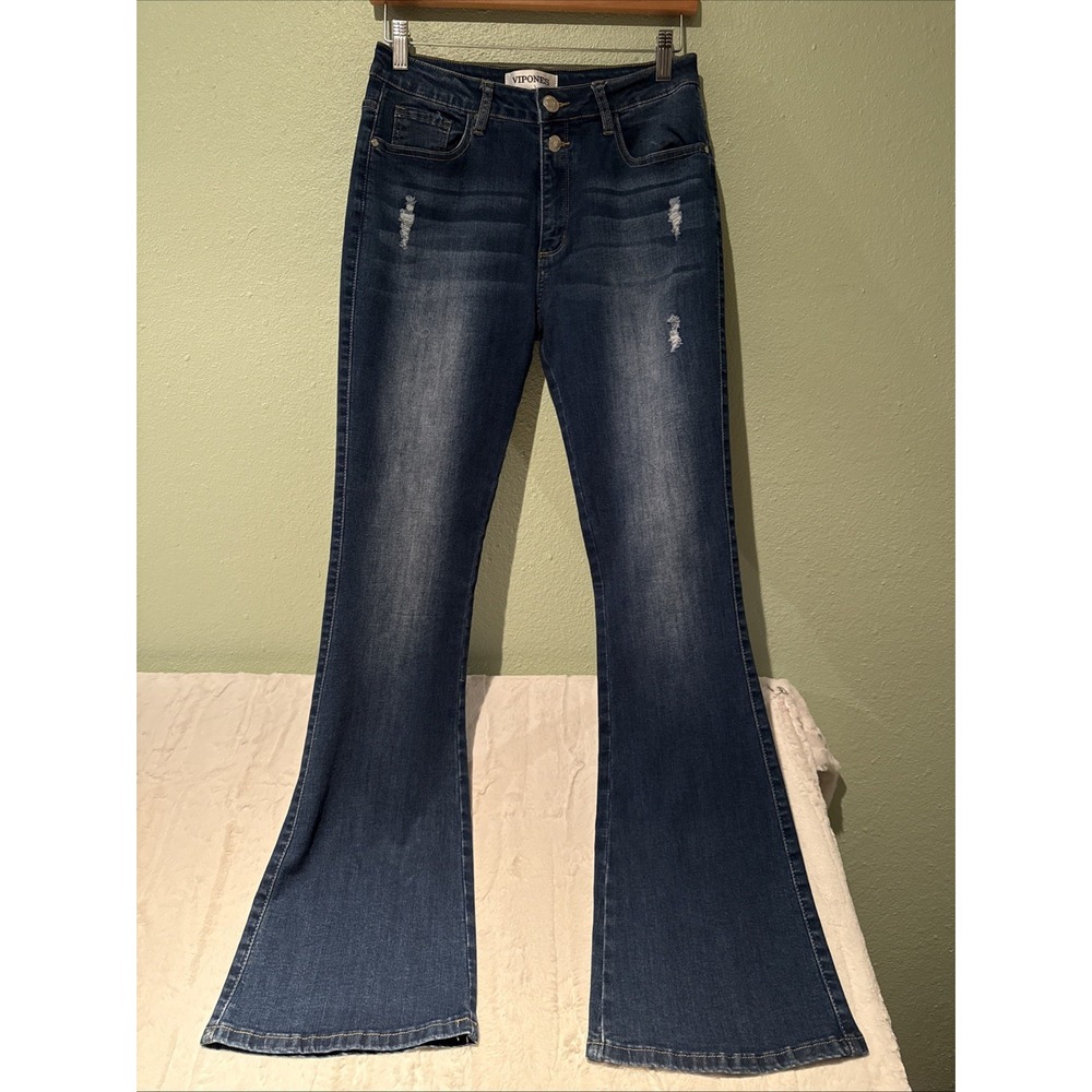 Vipones Flare Jeans Distressed Denim Double Bell Button Hippi Boho Cowgirl 8